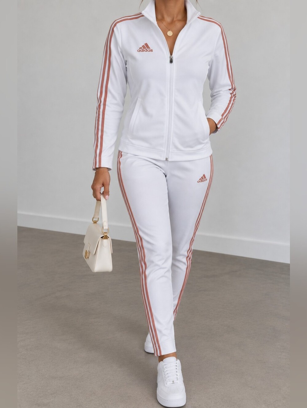 adidas White Track Jacket & Pants with Bronze Stripes